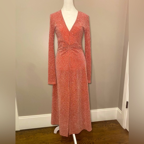 Rotate Pink Gathered Metallic Stretch Midi Dress SZ Small / Birger Christensen